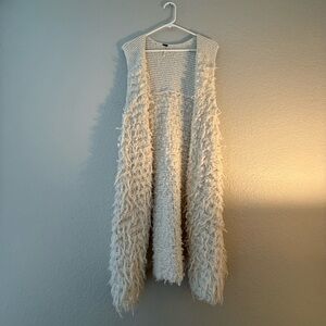 Free People Rolling Stone Furry Shaggy Long Sweater Vest in Ivory Bohemian Large